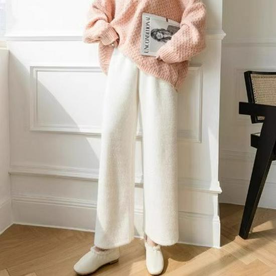 145cm Petite High-Waisted Thick Plush Warm Loose Slimming Wide-Leg Pants for Women