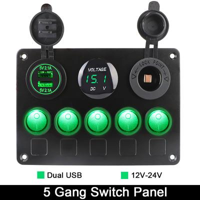 Car Switch Panel 12V Outlet Dual USB Port Digital Voltmeter 5 Gang LED Toggle Rocker