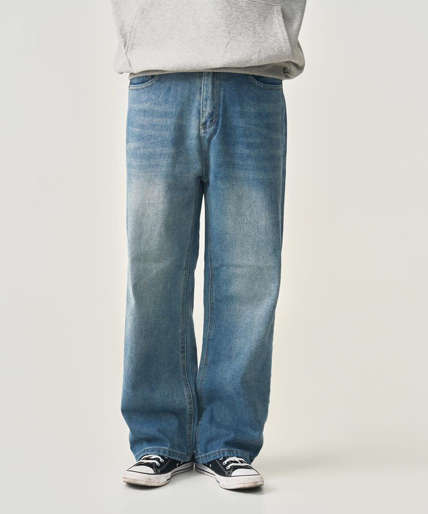 Deobeuleis Half-Banding Wide Denim Pants (Medium Blue)