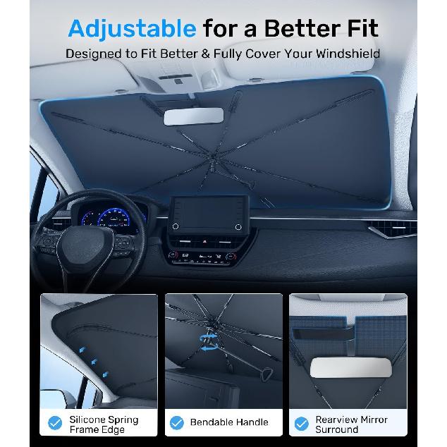 Zanch 2025 Upgraded Car Windshield Sun Shade [Cool Down By 75℉ ] With Heat Ulation Coating, Foldable Sunshade Umbrella With Flexible Handle & Ribs,