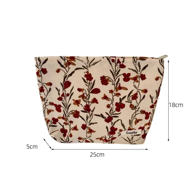 Makeup Bag for Women Portable Corduroy Vintage Flower Travel Wash Mobile Phone Storage Bag Girl Make Up Case Pouch