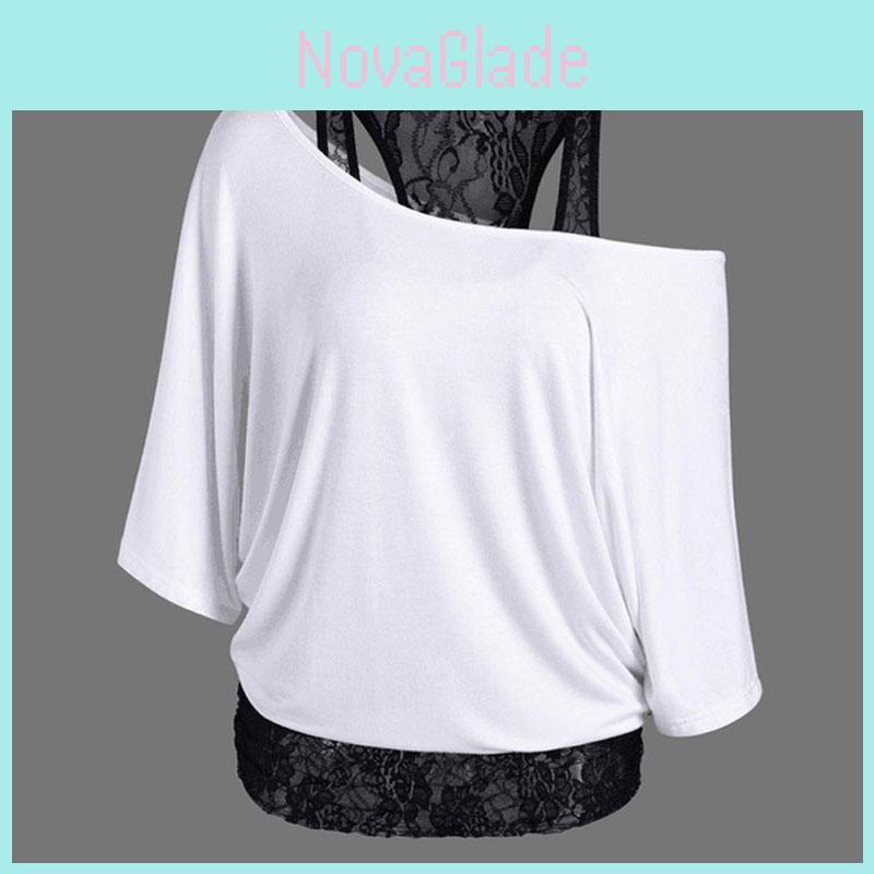 Size Women Plus Loose Vest Lace Stitching Oblique Collar Bat Tshirt Fashion