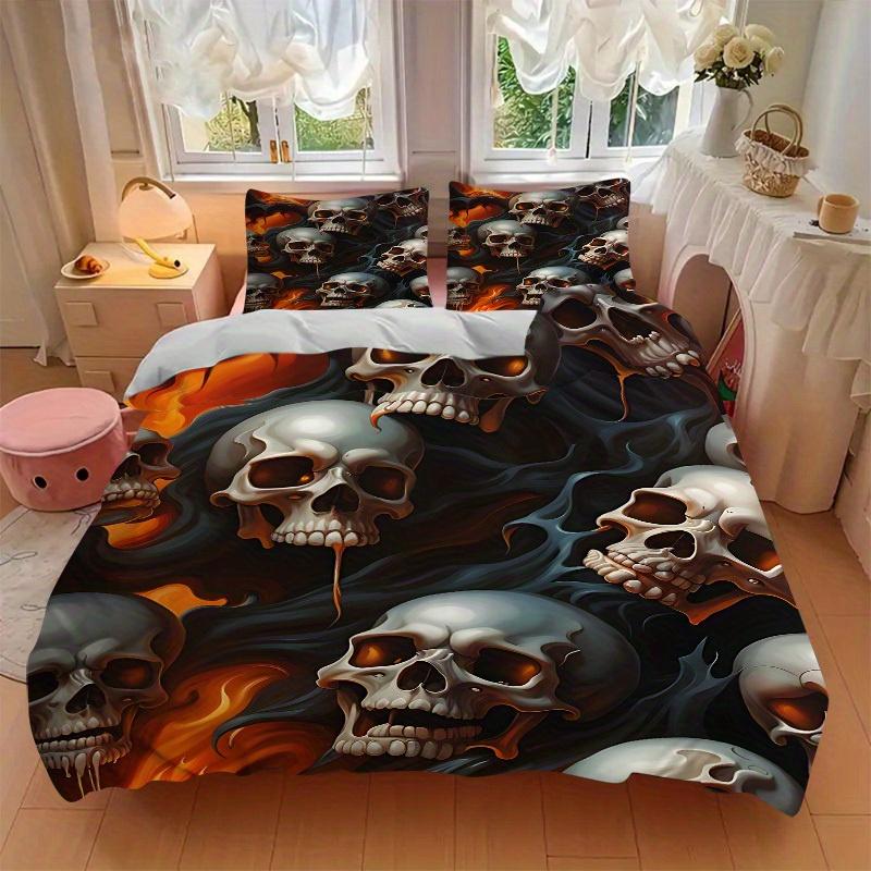 3pcs Skulls Flames Bedding Cover Set, Fashion Classic Popular Print Bedding Set, Soft Comfortable, All Season Use, For Bedroom, Guest Room (