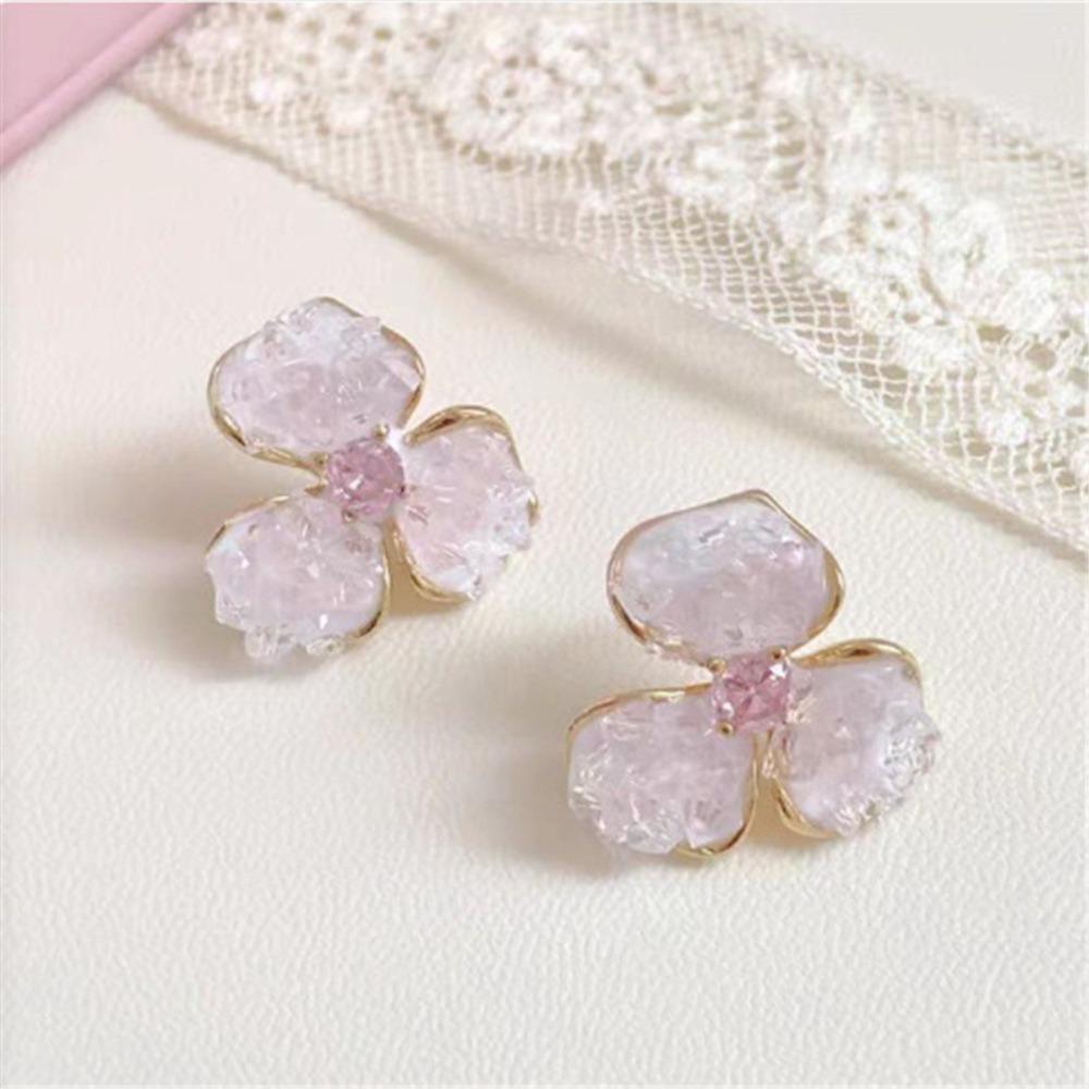 Süße Romantische Farbverlauf Kirschblüten Rosa Gebrochener Diamant Kristall Drei-Blatt-Blume Ohrstecker für Damen Piercing Schmuck