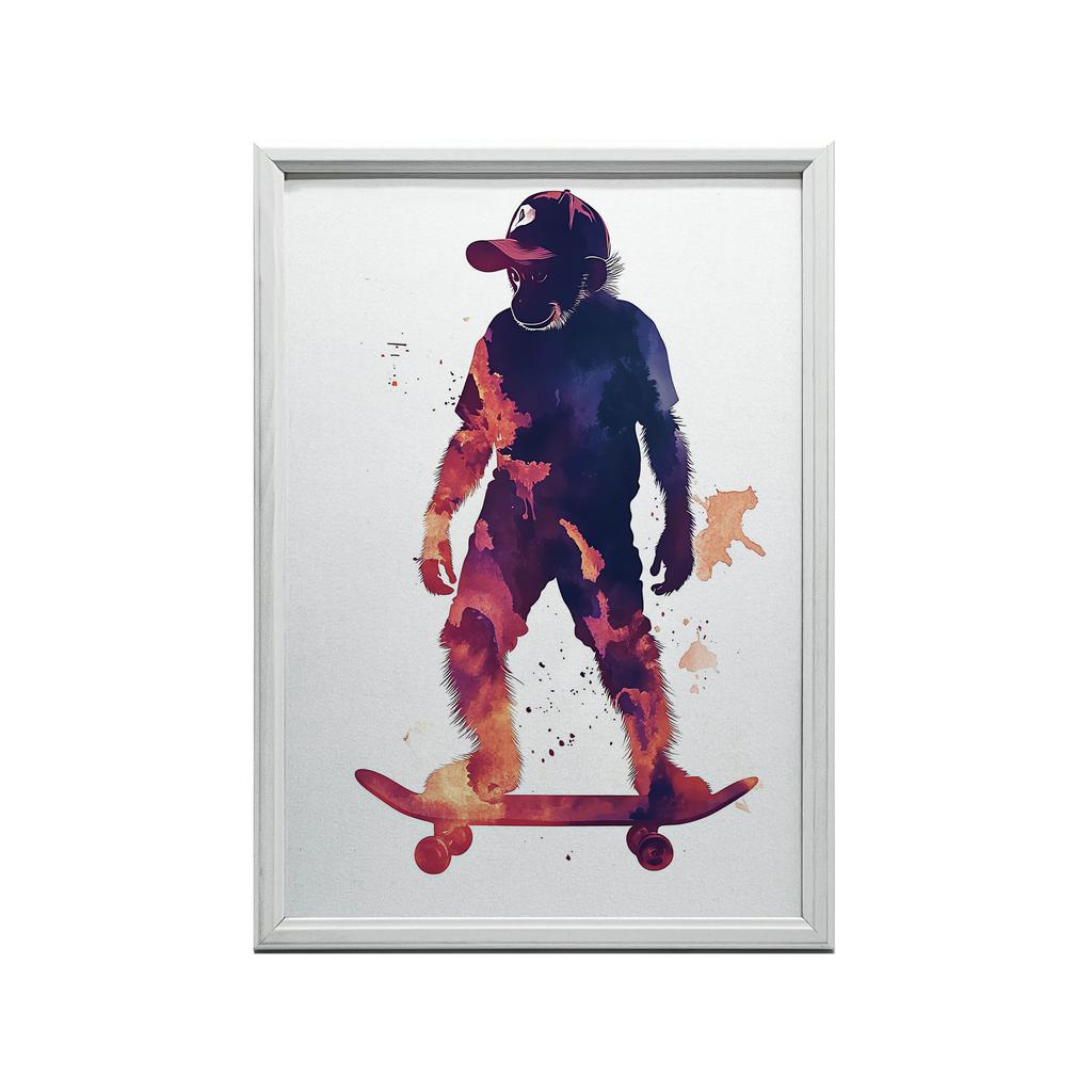 Poster Monkey On a Skateboard Poster Monkey On a Skateboard, 50X70 Cm, Dark Brown Wooden Frame, 230 Gsm Matte Paper