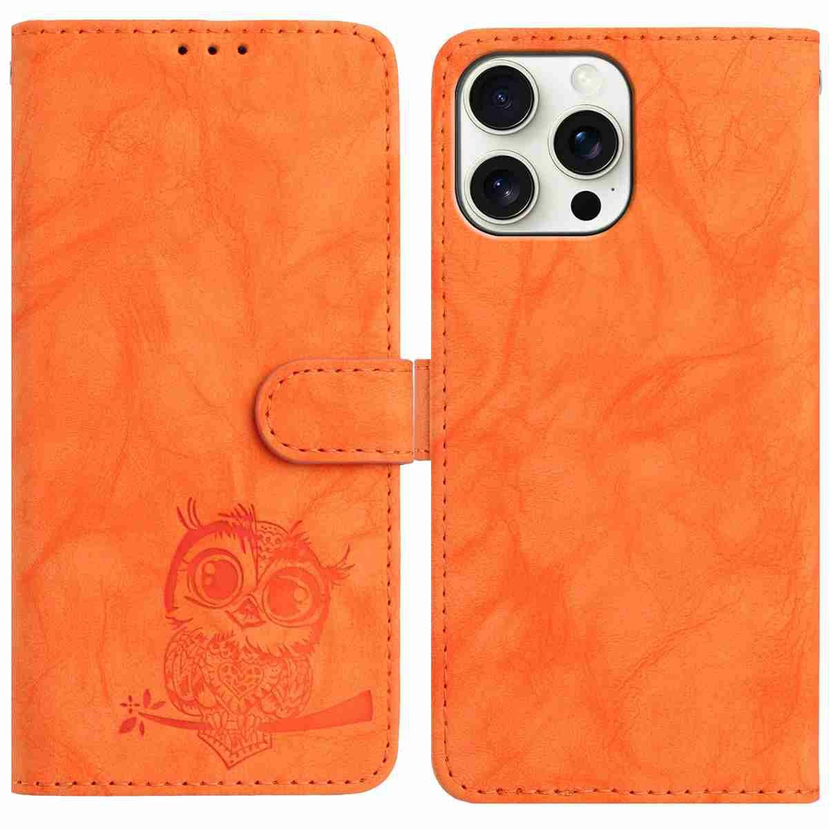 

For iPhone 16 Pro Case Owl Imprinted PU Leather Wallet Phone Cover with Wrist Strap Orange