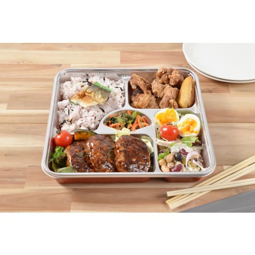 Fukusuke Mokko Food Packs with Dividers, 3-Pack, Silver and Vermilion, 27cm x 27cm x 4cm, Made in Japan, Commercial Use, Takeout Containers, Disposabl