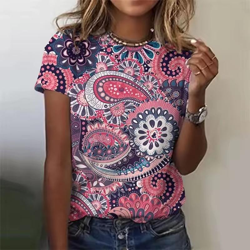 Summer Round Neck Retro Bohemian 3D Print Top Fashionable Casual Short Sleeved Women's T-shirts