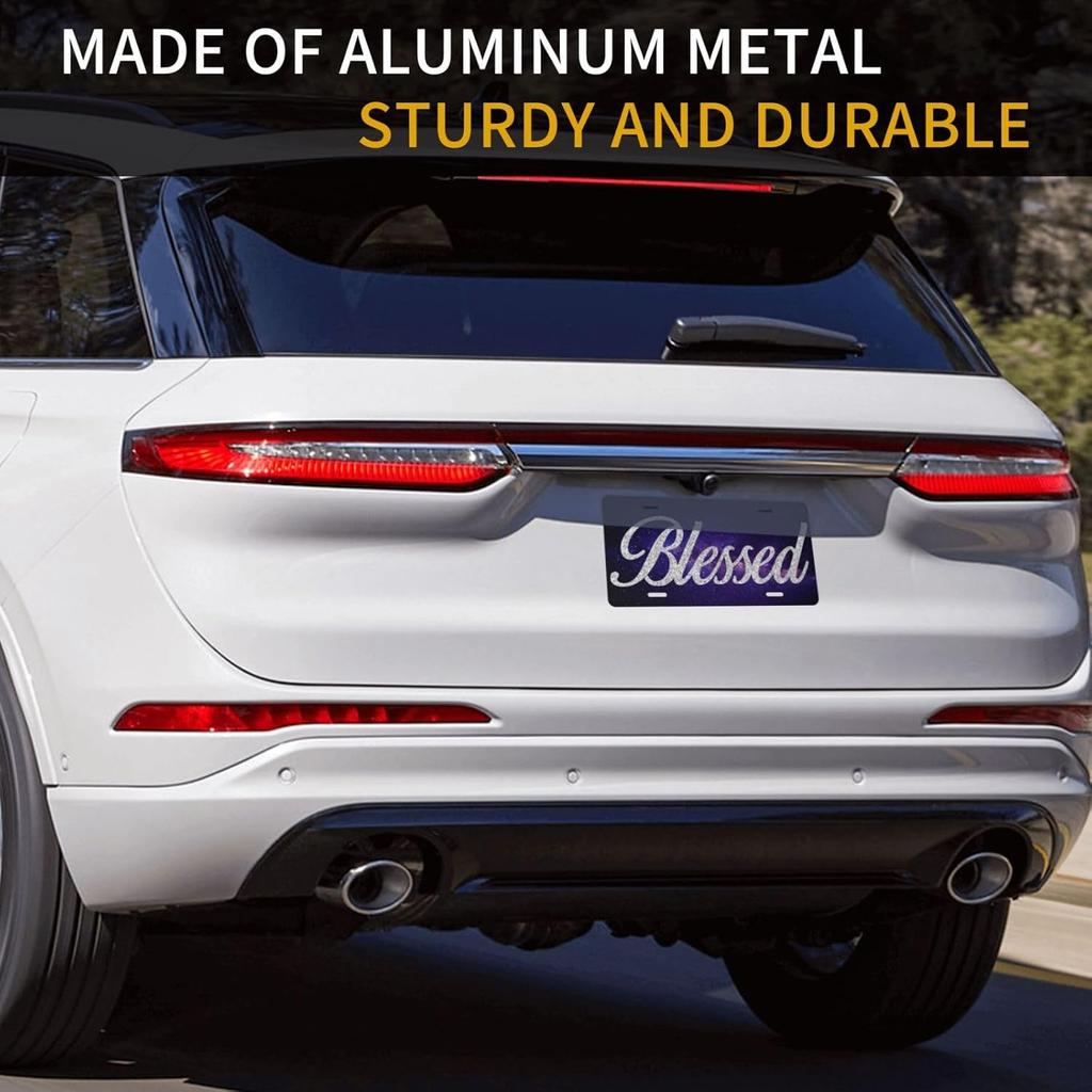 Galaxy Blessed Front License Plate for Women Car Vanity Plates Decorative Aluminum Metal Cute Novelty License Plate Cover for Men 6x12 Inch (4 Holes)