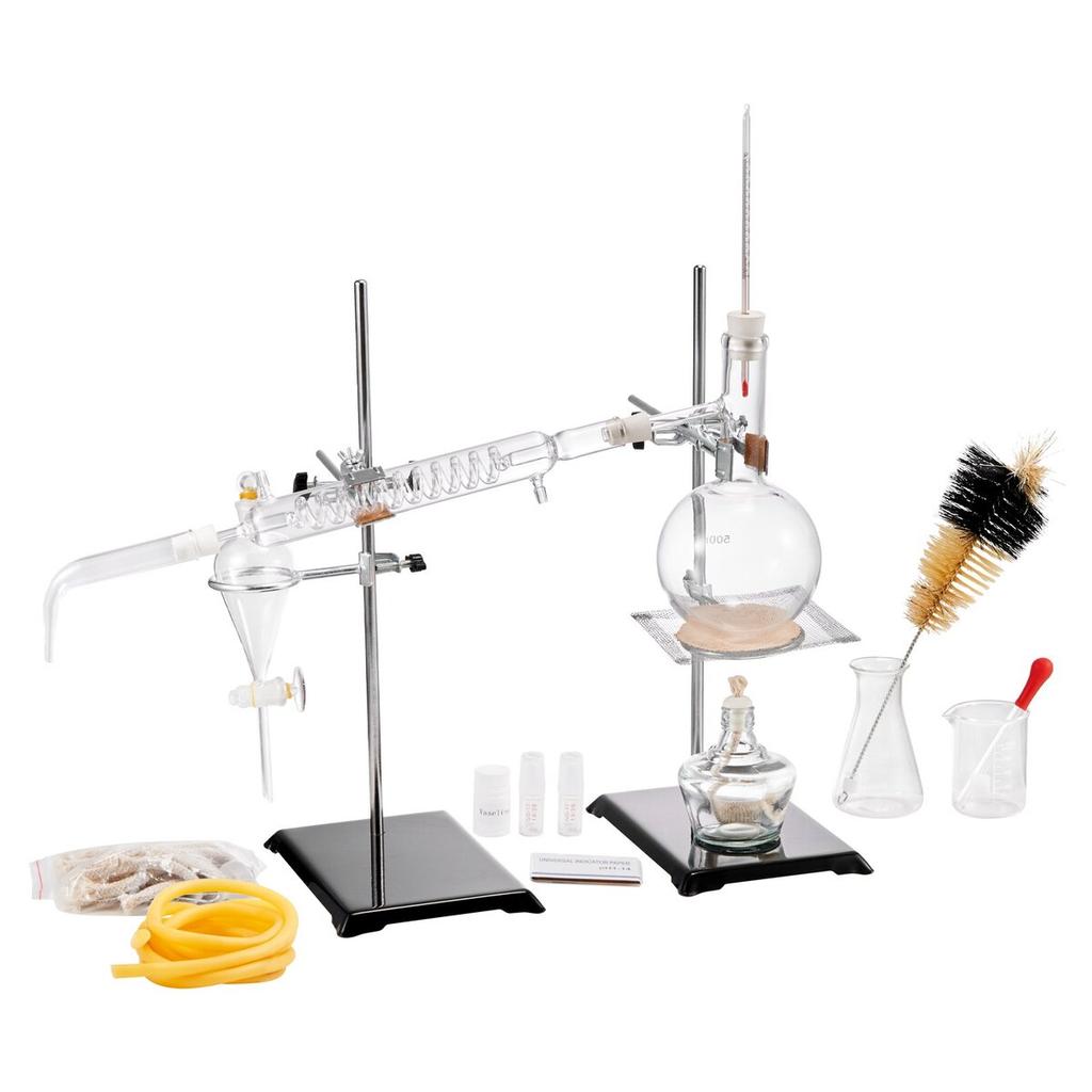 Essential Oil Distillation Kit, 500ml Distillation Apparatus, 3.3 Boro Lab Glassware Distillation Kit with Alcohol Lamp, Ceramic Mesh and 24, 40