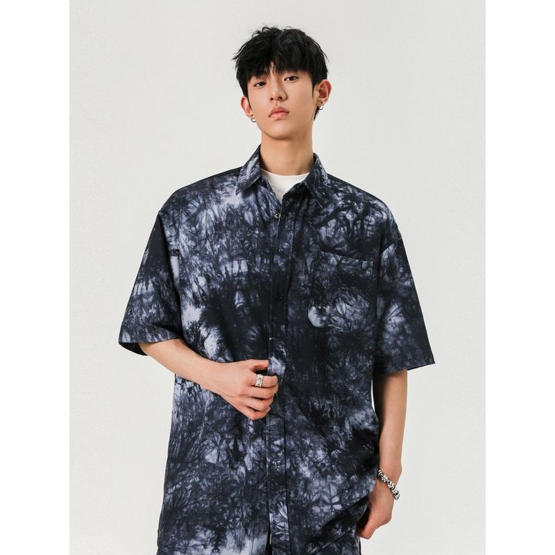 Wassup New Summer Short-Sleeved Shirt, Unisex, Ink Tie-Dye, Loose Design, Niche Hong Kong Style Shirt