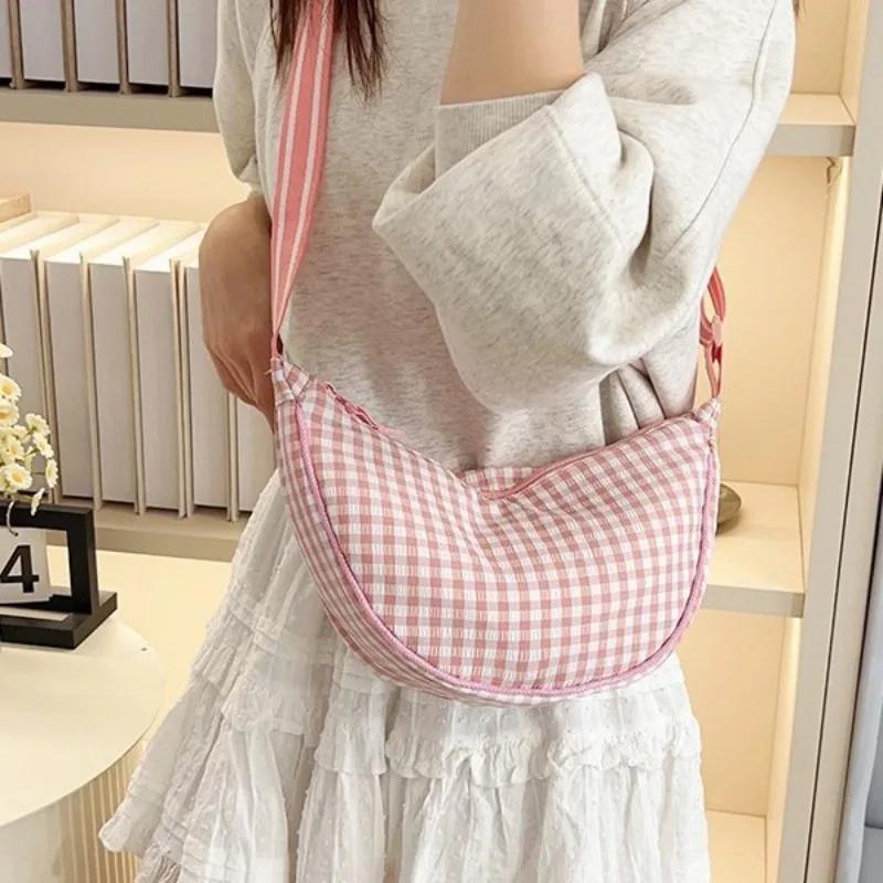 Simple Plaid Women's Hobos Shoulder Bags Casual New Female Nyl Crossbody Bag Out Door Travel Girls Underarm Purse Handbags