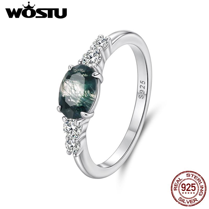 WOSTU Natural Moss Agate Ring For Women 925 Sterling Silver Oval Sea Grass Agate Inspired Rings Jewelry Boho Valentine's Gift