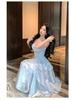 French Blue Glossy Camisole Cake Dress: Slimming Waist, Long Seaside Vacation Style for Girls' Birthday Parties