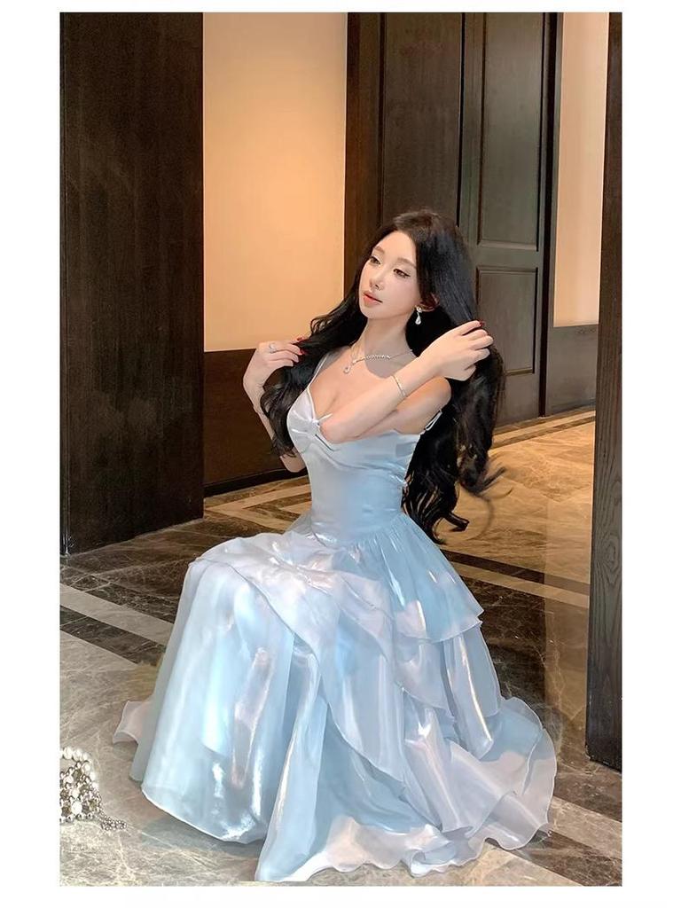French Blue Glossy Camisole Cake Dress: Slimming Waist, Long Seaside Vacation Style for Girls' Birthday Parties