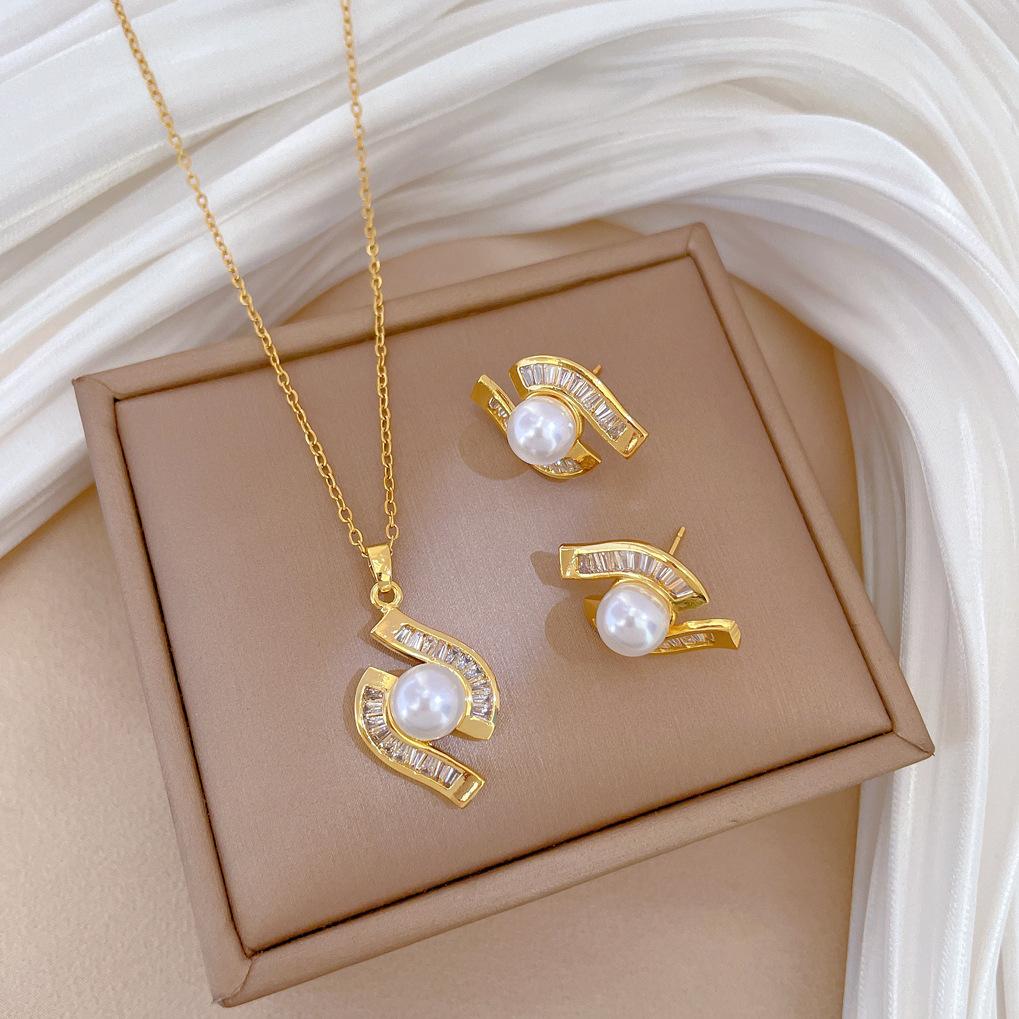 Necklace Earrings Set Light Luxury Full Of Diamonds Pearl Special-Shaped Zircon Personality Temperament Banquet Earrings Necklace