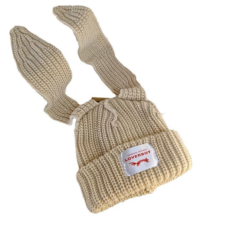 Trendy Brand Design Niche Personalized Rabbit Ears Wool Hat Women's Autumn and Winter Warm Ear Protection Hat Knitted Hat