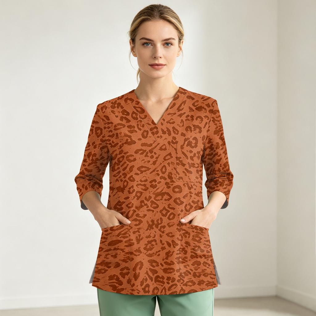 Women's Printed V-Neck Uniform Top with Single Pocket and Side Slit, 3/4 Sleeve