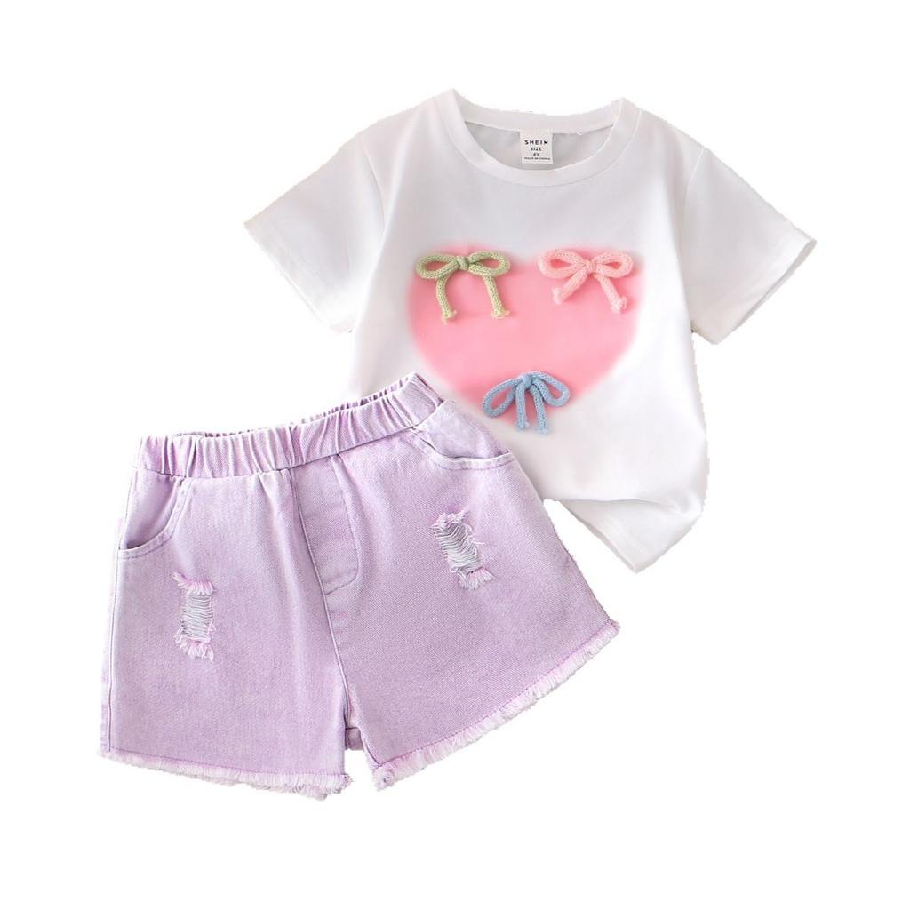 Set Modă Fete Vară Copii Casual Gât Rotund Top cu Fundă Love Set Blugi Rupti