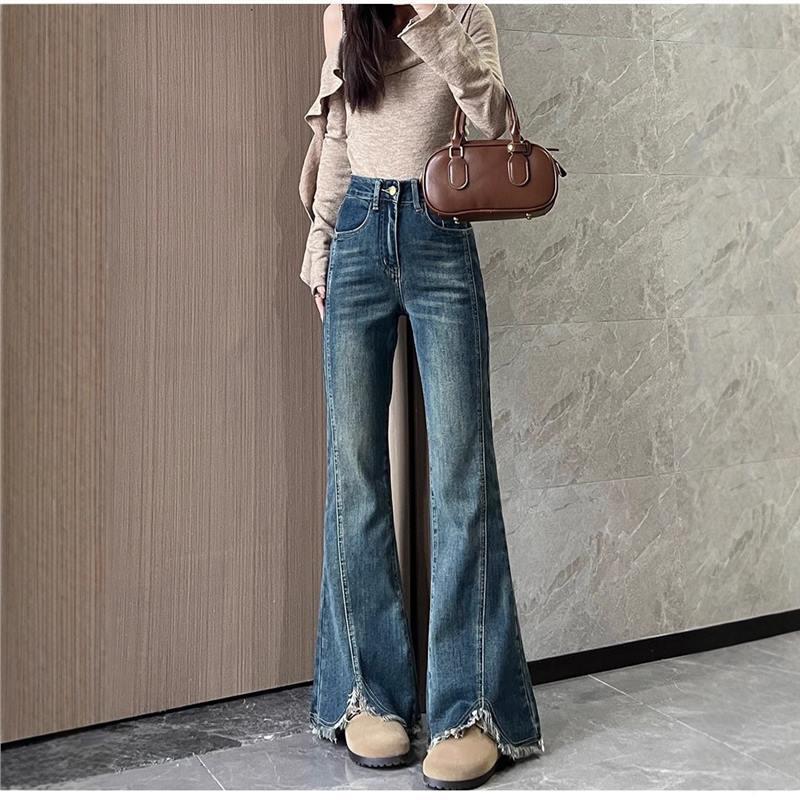 2025 Autumn/Winter Women's Stretch Blue-Gray Raw Hem High Waist Bell Bottom Jeans