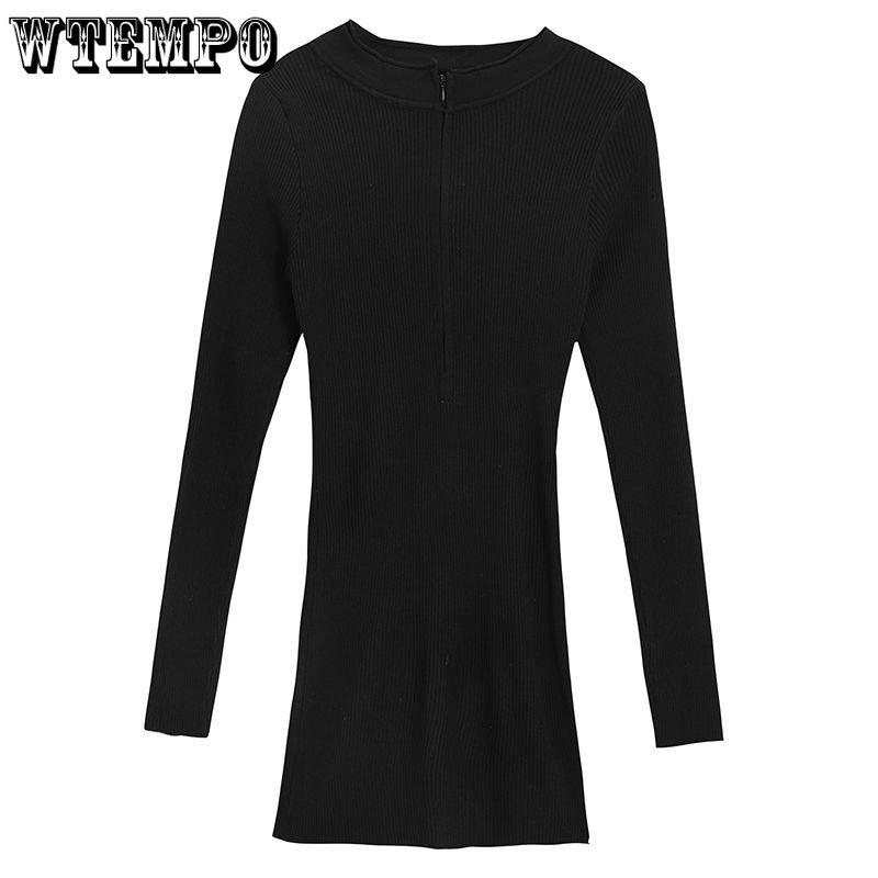 Ανοιξιάτικο και Φθινοπωρινό γυναικείο φόρεμα Μαύρο πικάντικο πλεκτό φόρεμα για κορίτσια με τυλιγμένη κοντή φούστα γοφό Στενή και καθαρά υπόστρωμα μακρυμάνικη φούστα