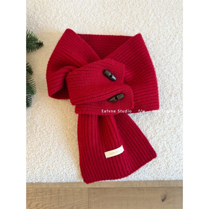 Pure Wool Horn Button Scarf Solid Color Small Scarf Cross Ladies Lazy Warm Autumn and Winter Collar