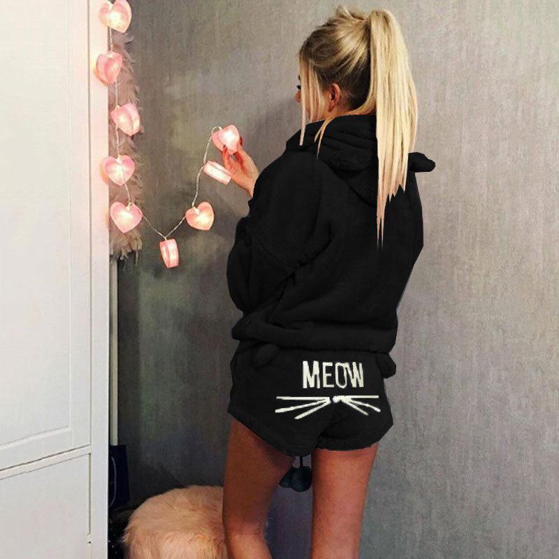 Dámská móda Jednobarevná teplá zimní pyžamová souprava Dvoudílné roztomilé kočičí pyžamo s kapucí Noční oblečení plus size S-5XL