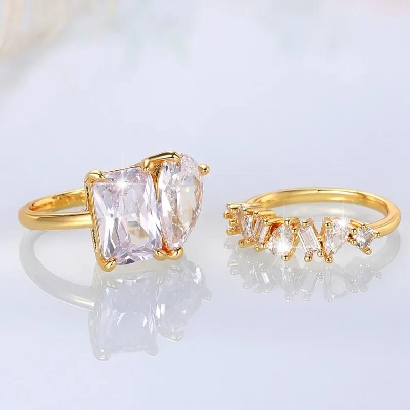 Trend Pear Square Cubic Zirconia Crystal Rings for Women s Set Gold Color Wedding Engage Accessories Jewelry