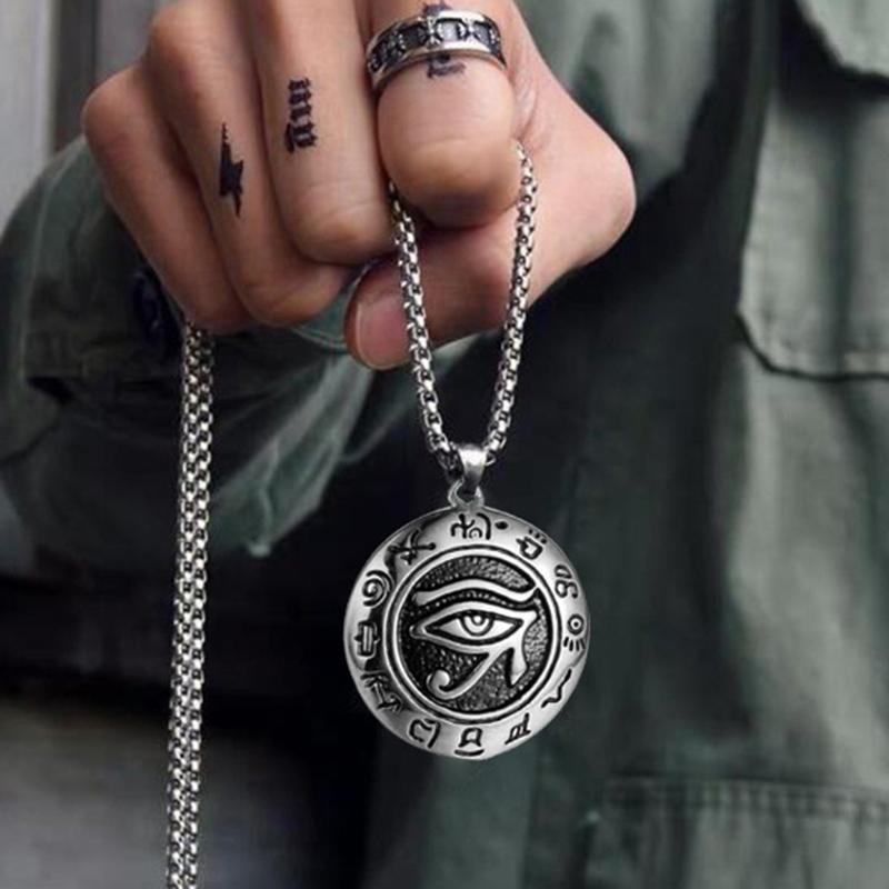 Eye Of Horus Round Pendant Necklace For Men Women Silver Retro Rune Hip Hop Punk Stainless Steel Chian Fashion Jewlery