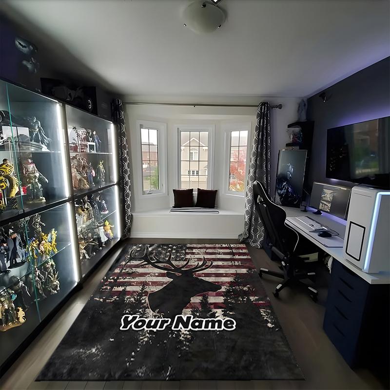 1PC Custom Name American Deer Flag Theme Floor Mat Ideal for Living Room, Game Rooms, Office, Bedroom, Office Floor Mat , Floor Mats for Home