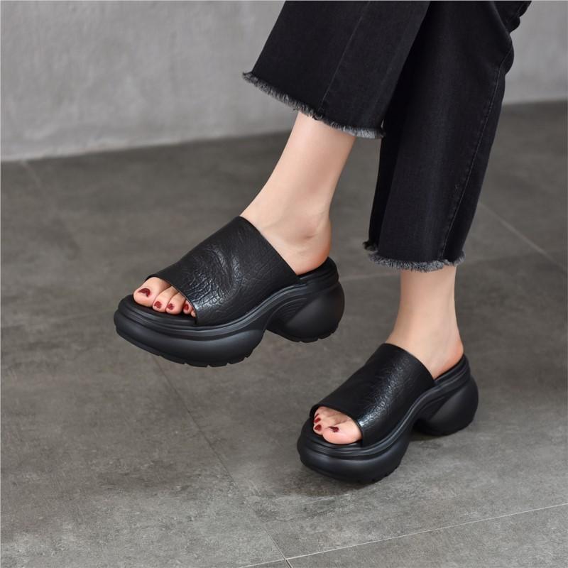 Johnature Women's Thick Soled High-heeled Peep Toed Slippers Genuine Leather Platform Sandals