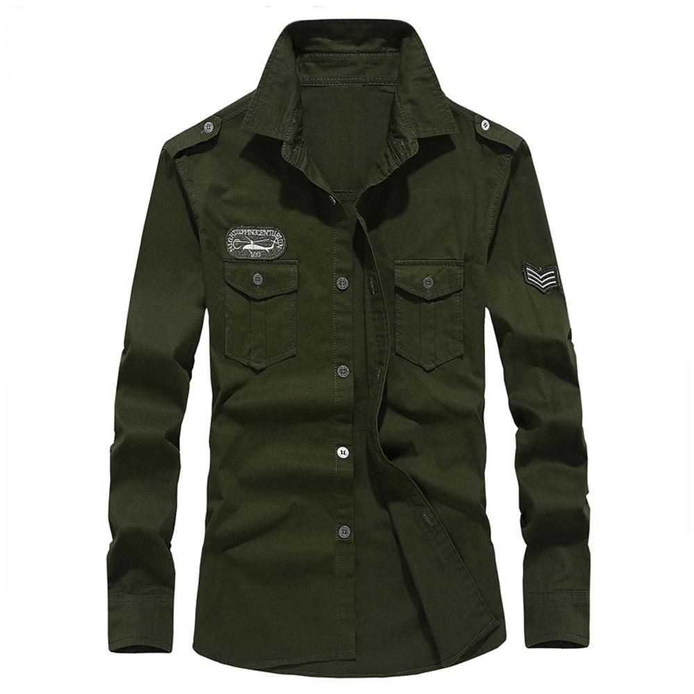Mens Casual Military Cargo Slim Button Long Sleeve Dress Shirt Top Blouse