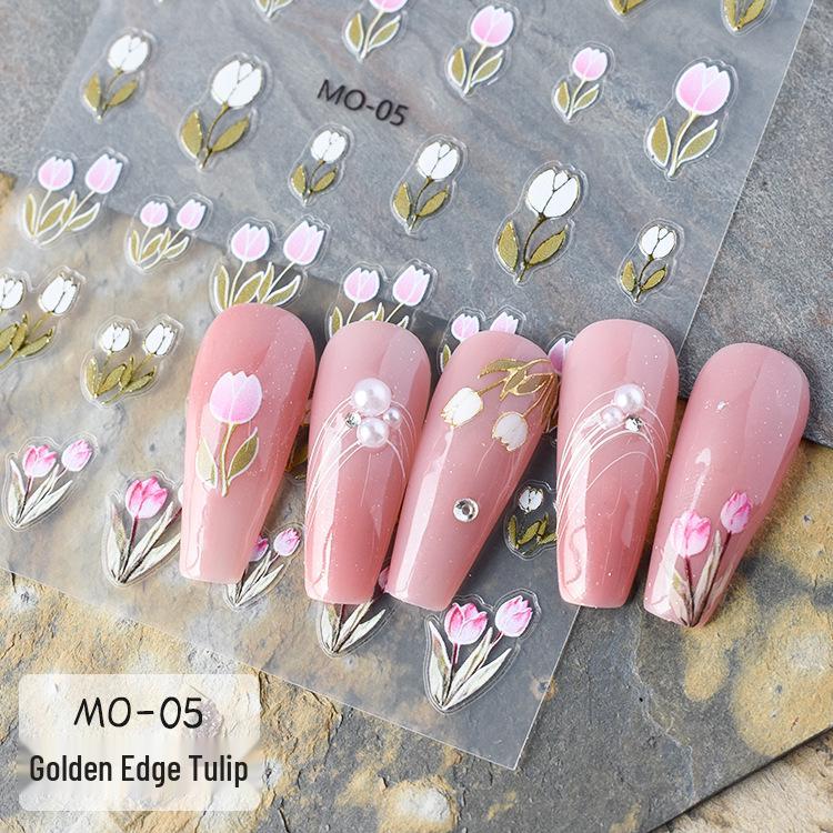 Gold Edge Tulip & Bunny Nail Decals with Hand-Painted Flower Outlines