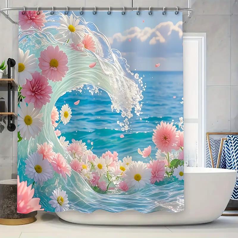 

Flowers And Waves Shower Curtain For Bathroom Decor - Watercolor Floral Design With Blue Ocean Background Waterproof Durable W60H190(CM)-1 Pcs