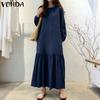 Women Round Neck Long Sleeve Casual Loose Ruffled Maxi Long Dress