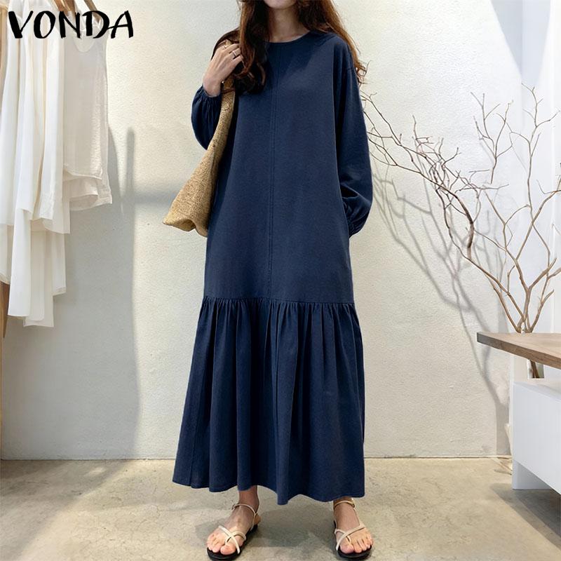 VONDA Women Round Neck Long Sleeve Casual Loose Ruffled Maxi Long Dress