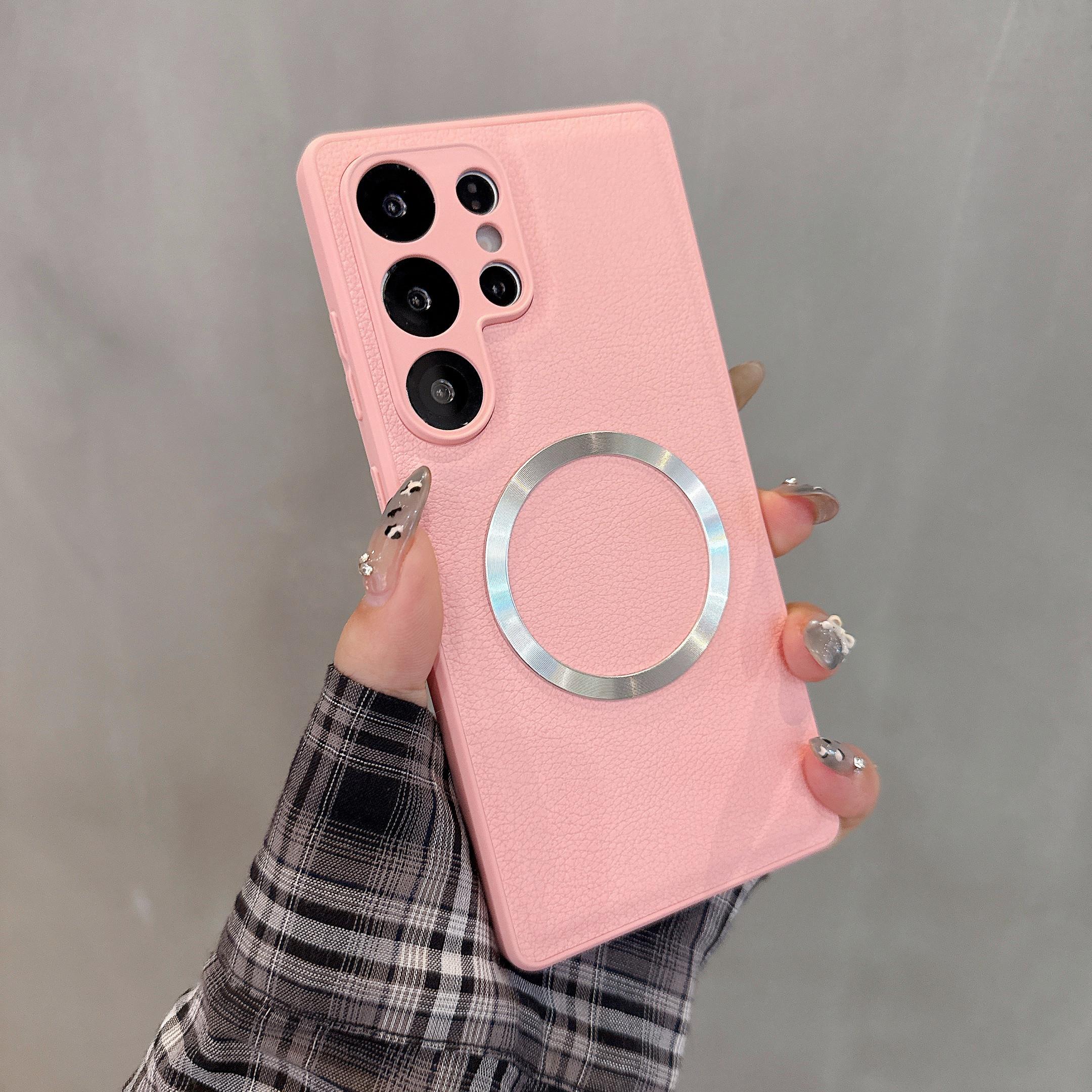 

Магнитный беспроводной зарядный чехол для SamSung Galaxy S25 Ultra S24 Plus S23 S22 S21 + Чехол из ПУ кожи, противоударный, однотонный Galaxy S22 Ultra 5G розовый