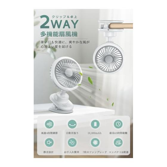 Tabletop Fan, Clip Fan, Quiet [2026 Summer Model & 3D Automatic Swing & 7 Blades Soft Airflow] Built-in 10000mAh Battery, Rechargeable USB Fan,