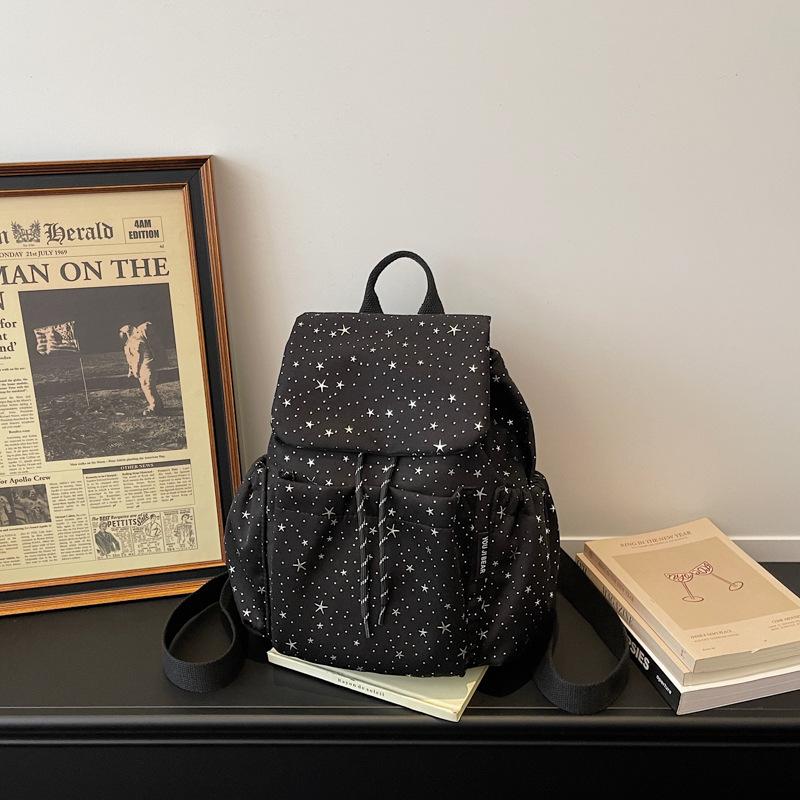 Schoolbag Korean version ins Versatile Printed Backpack Light Casual College Student Fashion, Flip Drawstring Backpack