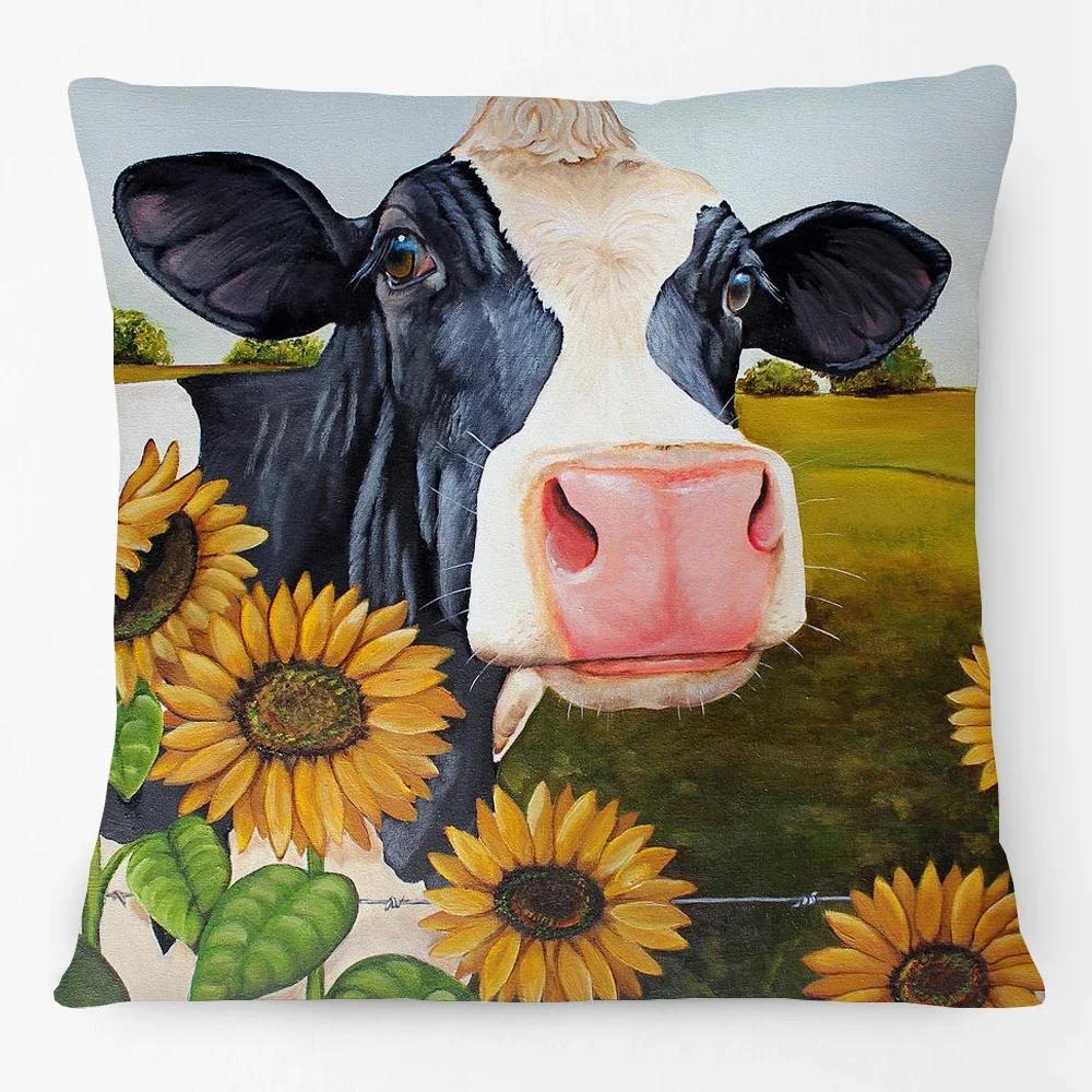 Oil Painting Farm Animals Poster Cushion Cover Cow Sheep Goat Rustic Style Home Decorative Square Pillow Case