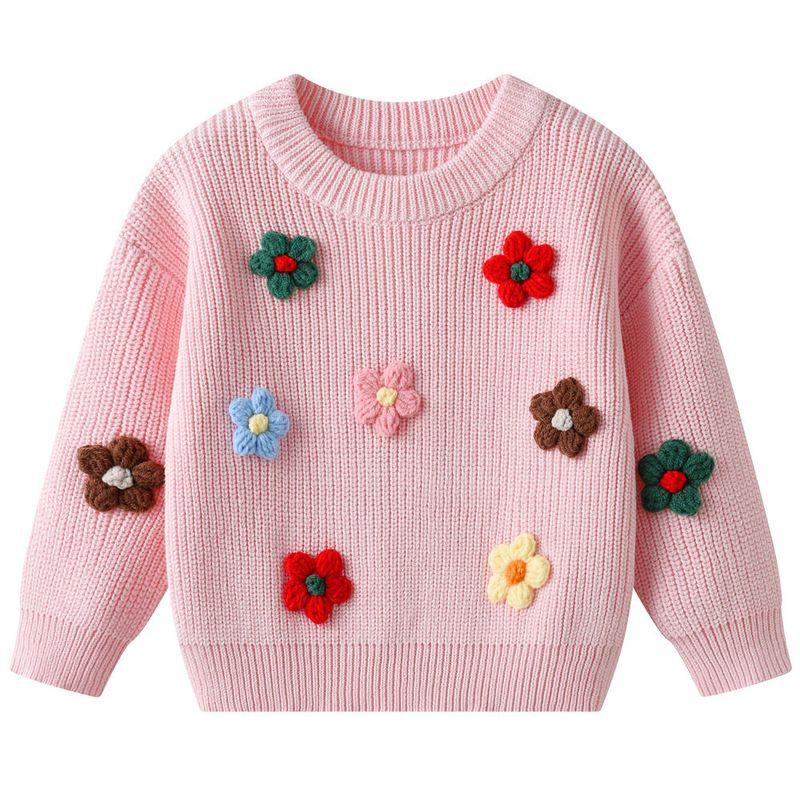 Autumn and Winter Children's Knitted Sweater, Cute Handmade Floral Cardigan for Girls, Long-Sleeved Round-Neck Jacket