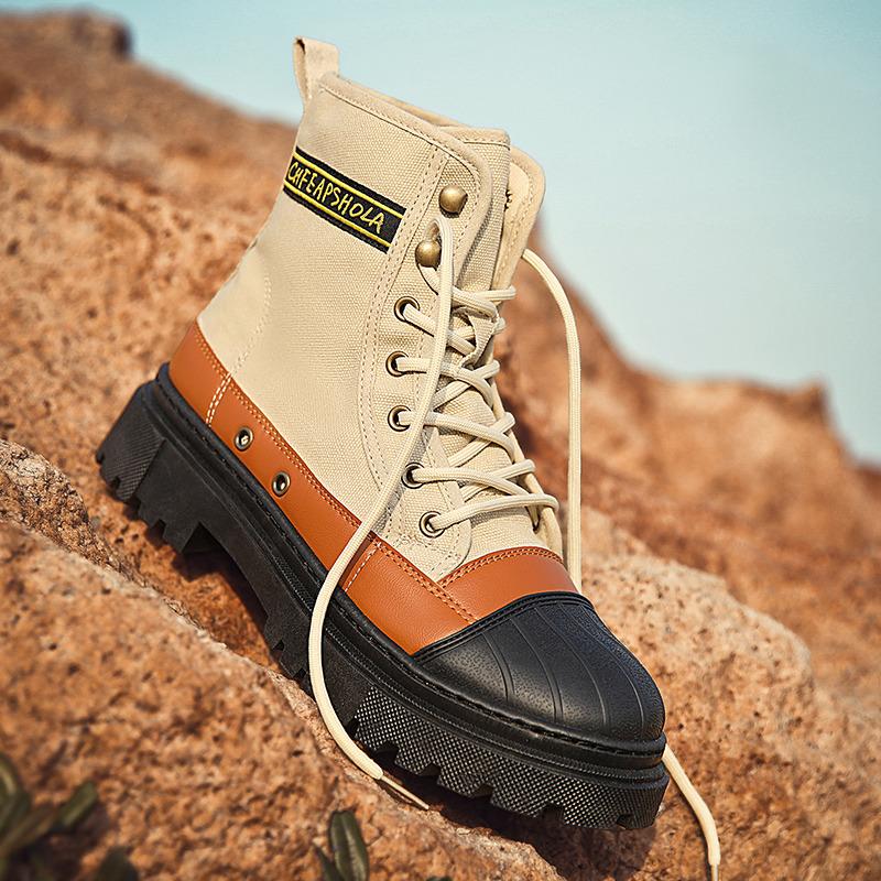 Grüne Canvas Herren Stiefeletten Mode Schnürstiefel Motorradstiefel Mann Werkzeugstiefel Herbst Rutschfest Cowboy Plateau Stiefel Für Mann