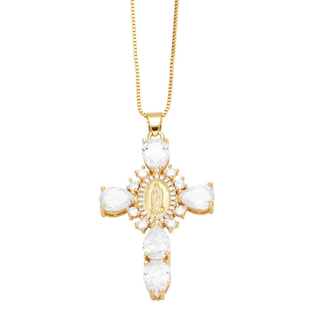 Light Zircon Cross Necklace Retro European Style Crucifix Pendant Chain  Church