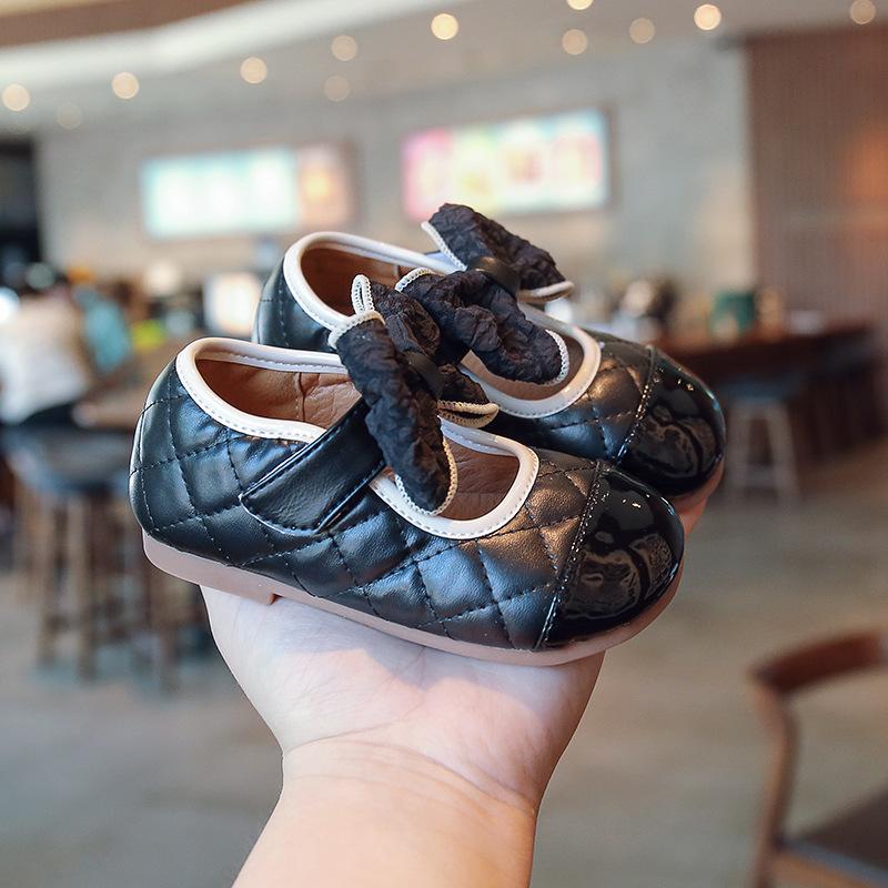 Children's Leather Shoes Spring Autumn Patchwork Girl Princess Shoes with Bowtie Fashion Kids Causal Non-slip Flats Soft Bottom