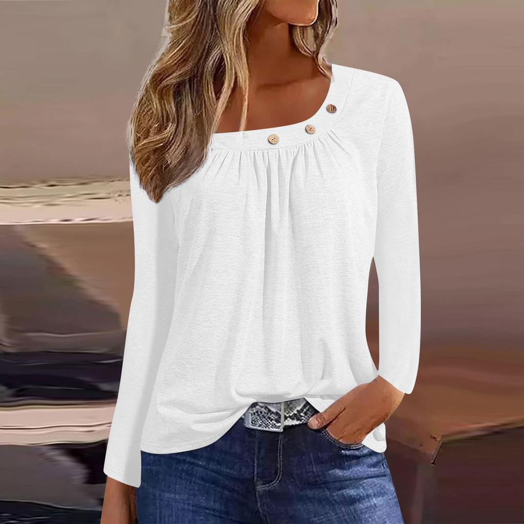 Long Sleeve Blouses For Women Casual O-Neck Button Down Shirt Solid Blouse Tops Loose Fit Fall Shirt Top