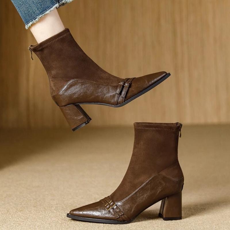 High Heels Women Ankle Boots Pointed Toe Chunky Leather Shoes Winter 2025 Sexy Pumps Elegant Chelsea Boots Mujer De Zapatillas