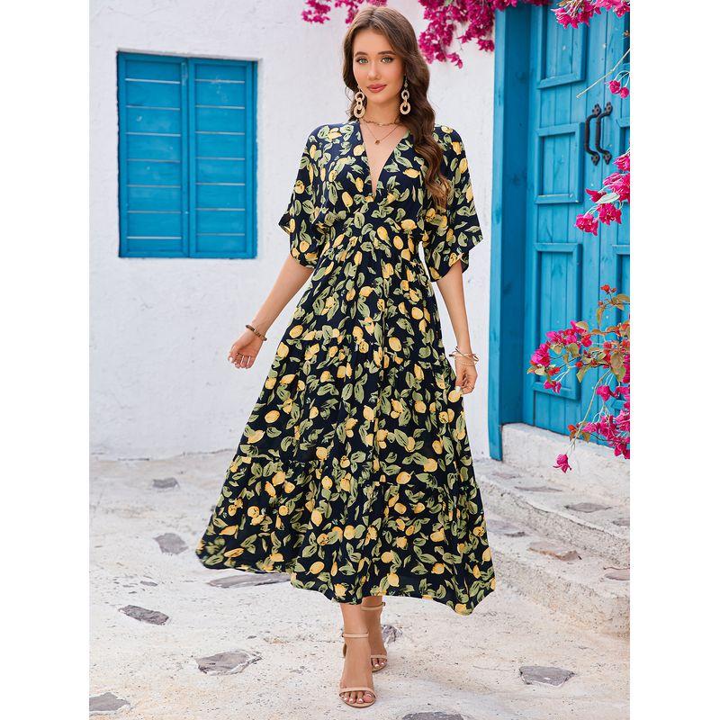 Seaside Style Summer New Bohemian Deep V-neck Rayon Printing Batwing Sleeve Waist Hugging Dress Vacation Skirt