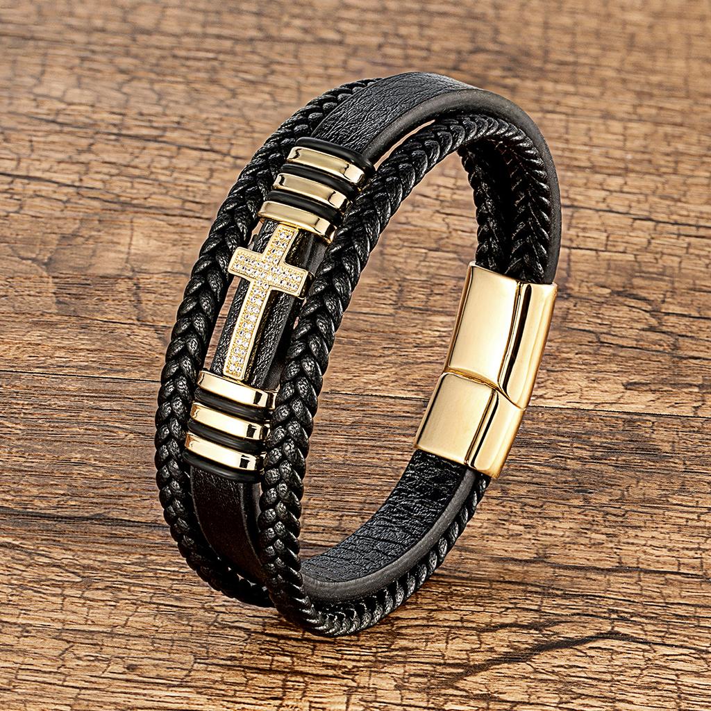 Klassischer Jesus Kreuz Anhänger Zirkonia Herren Armband Schwarzes Geflochtenes Lederseil Kette Armbänder für Frauen Edelstahl Schmuck