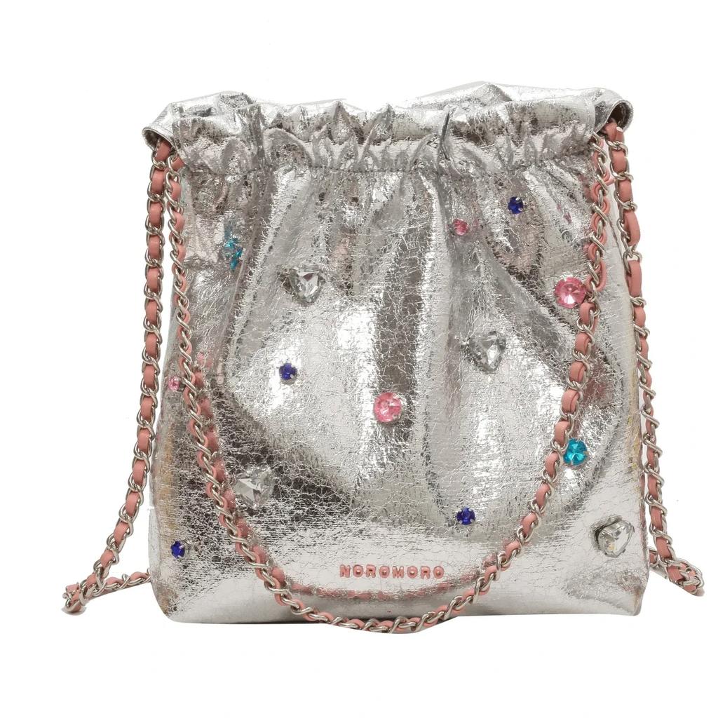 Solide PU Silber Umhängetaschen Großes Fassungsvermögen Nähgarn Hochwertige Ketten Handtaschen für Frauen Mode Pendeln