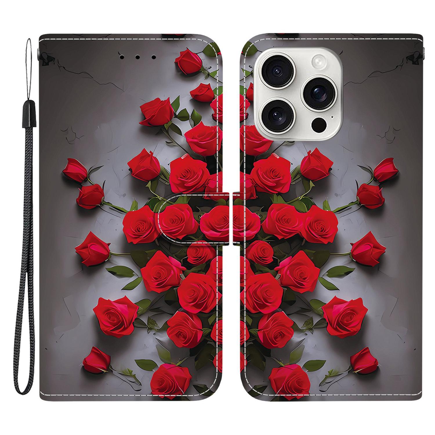 For iPhone 16 Pro Leather Case Stand Wallet Pattern Printing Phone Cover with Wrist Strap A